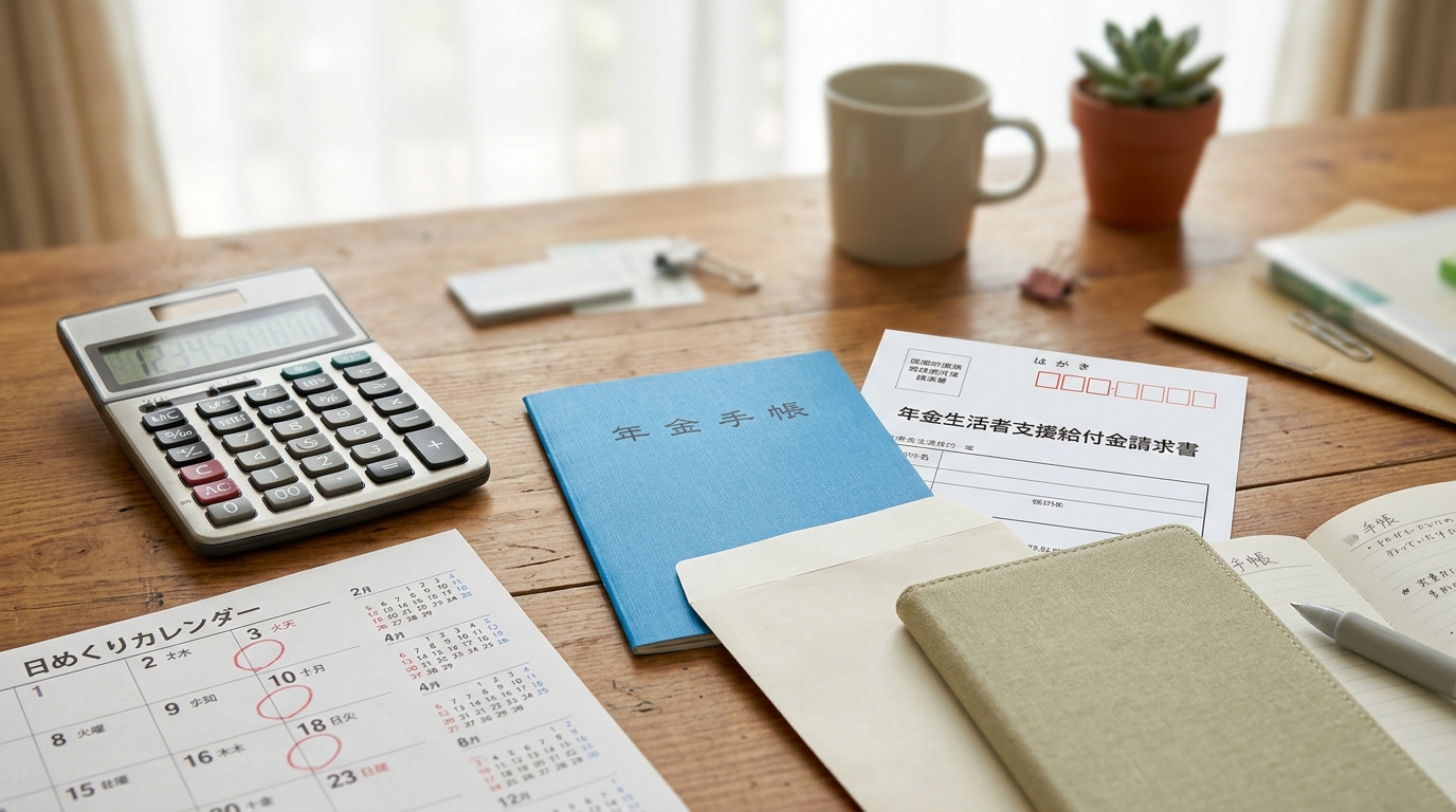 年金生活者支援給付金請求書のはがきとカレンダー、電卓を並べたイメージ