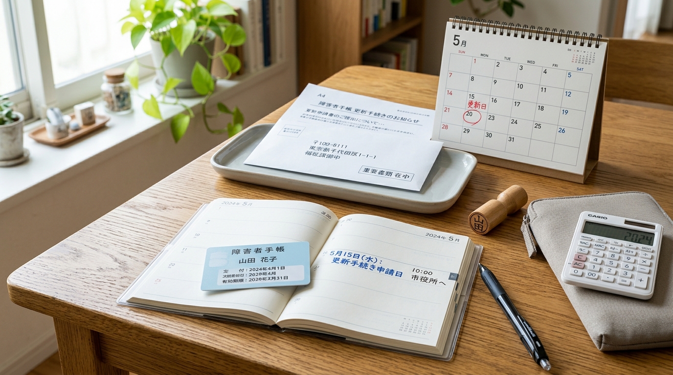 障害者手帳の更新期限に丸印をつけたカレンダーとIDカード型の手帳のイラスト