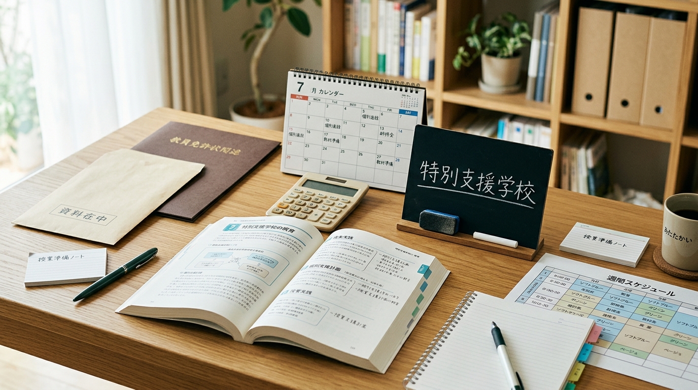 特別支援学校をイメージした教科書・時間割表・黒板ミニボードのイラスト