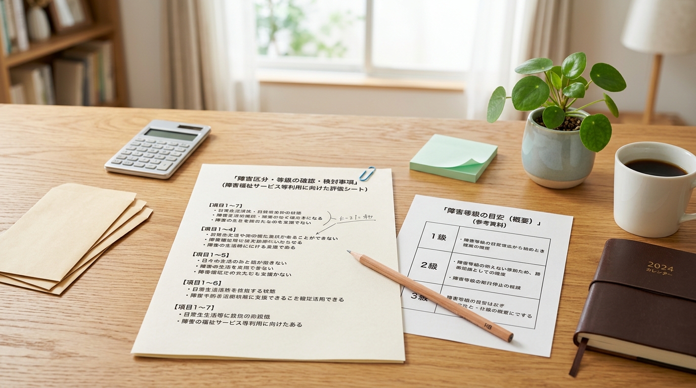 日常生活能力の評価シートと等級の目安表が置かれた木目のデスク