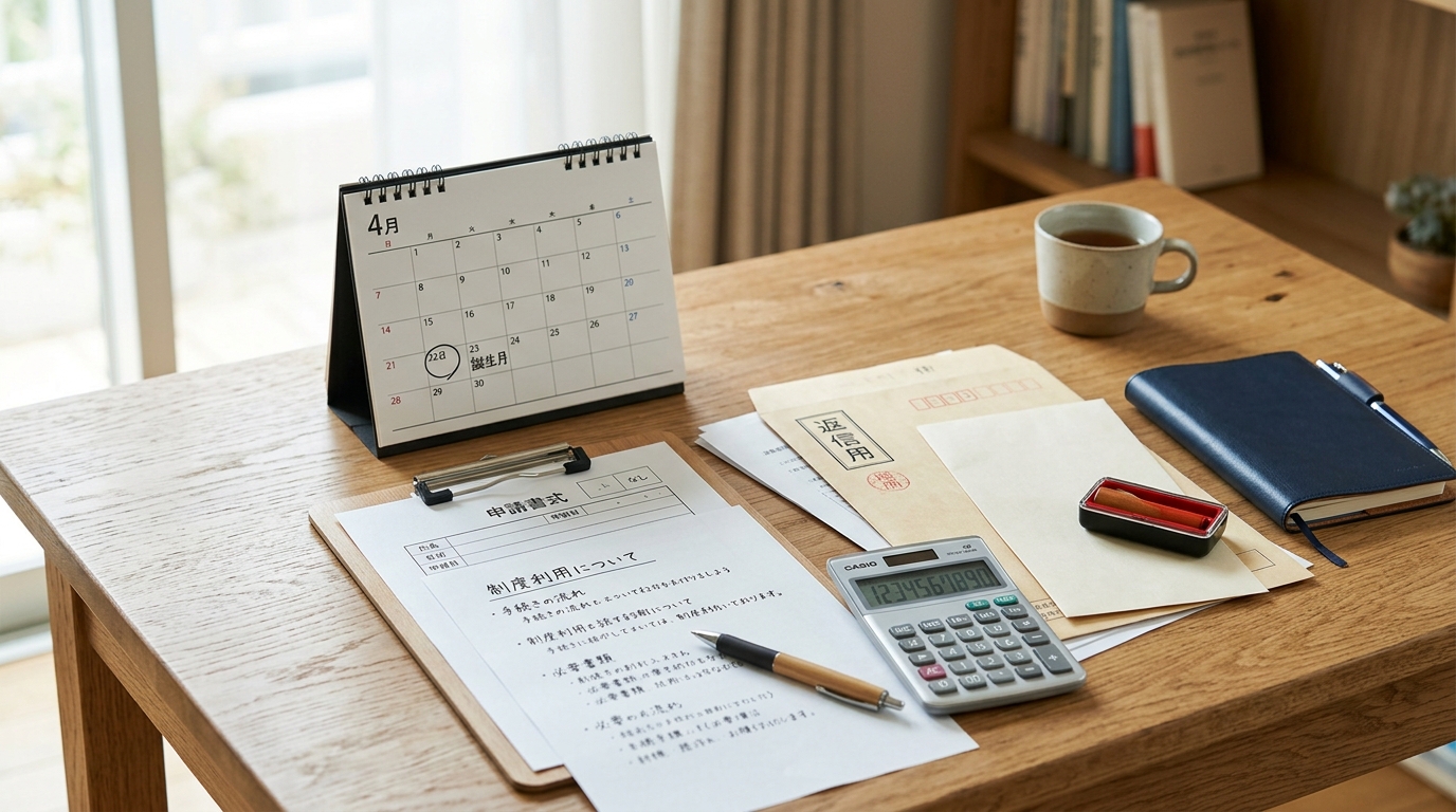 障害年金の更新時期を示すカレンダーと申請書類、電卓のイラスト
