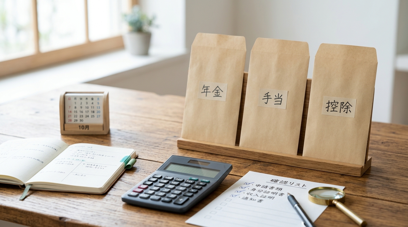 年金・手当・控除の3種類に分けられた封筒と電卓のイラスト