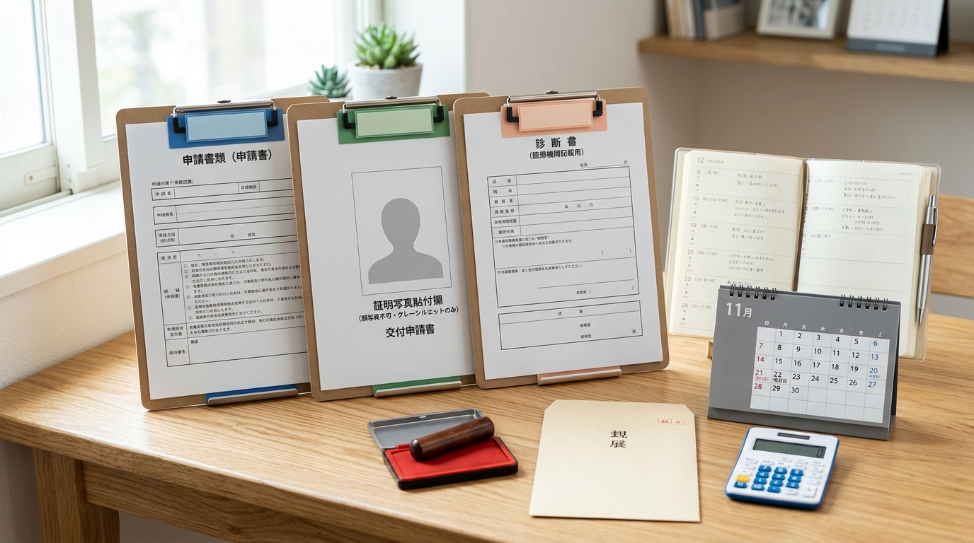 障害者手帳の申請書類3種類をクリップボードに並べたイラスト