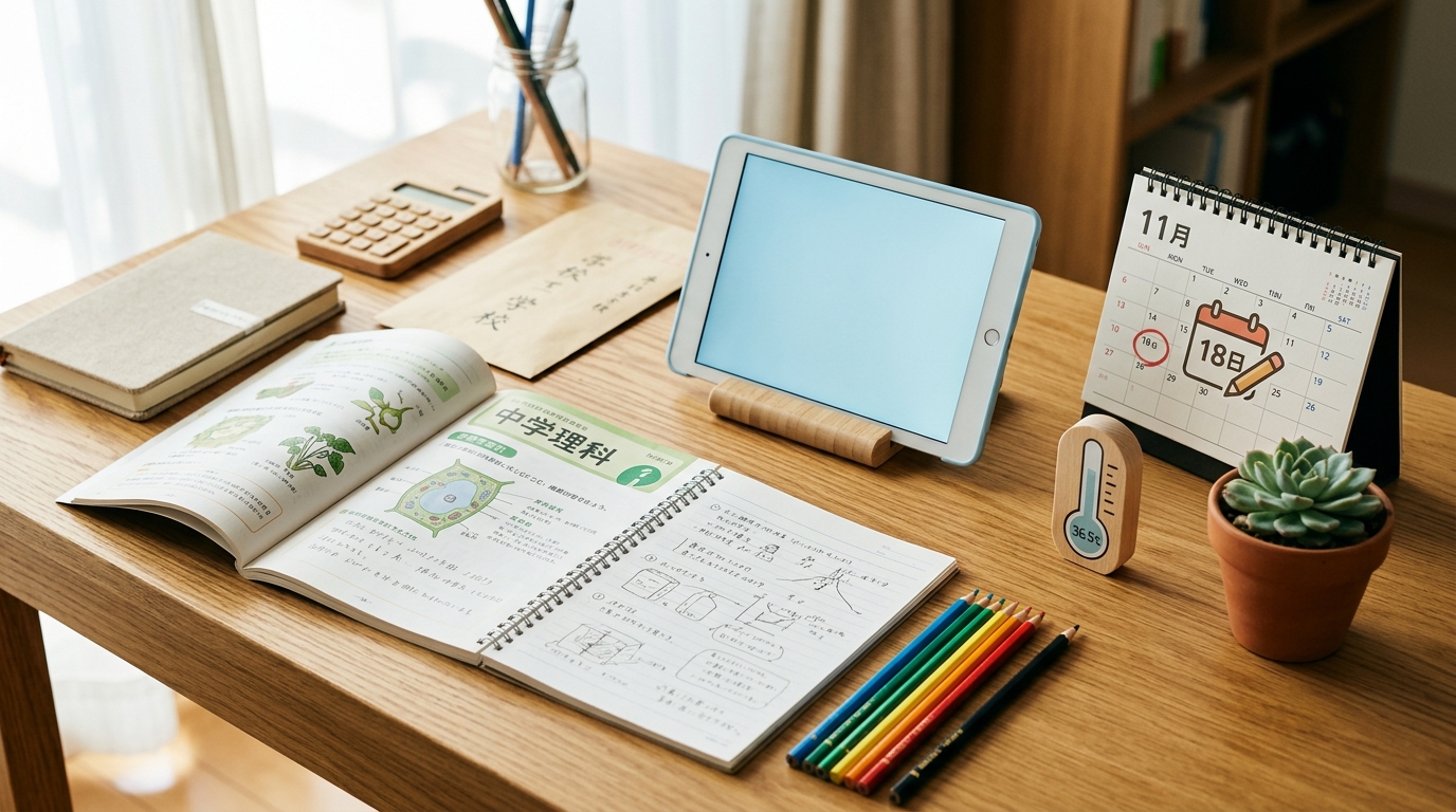 病弱教育で使われる教科書とタブレット端末、卓上カレンダーのイラスト