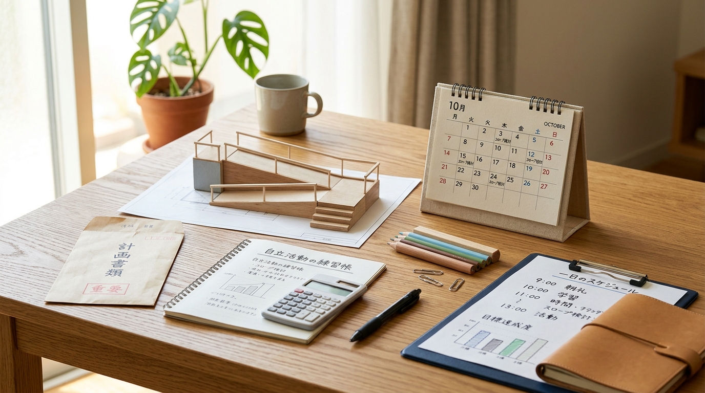 肢体不自由の特別支援学校をイメージした、木製スロープ模型と自立活動の練習帳、カレンダーのイラスト