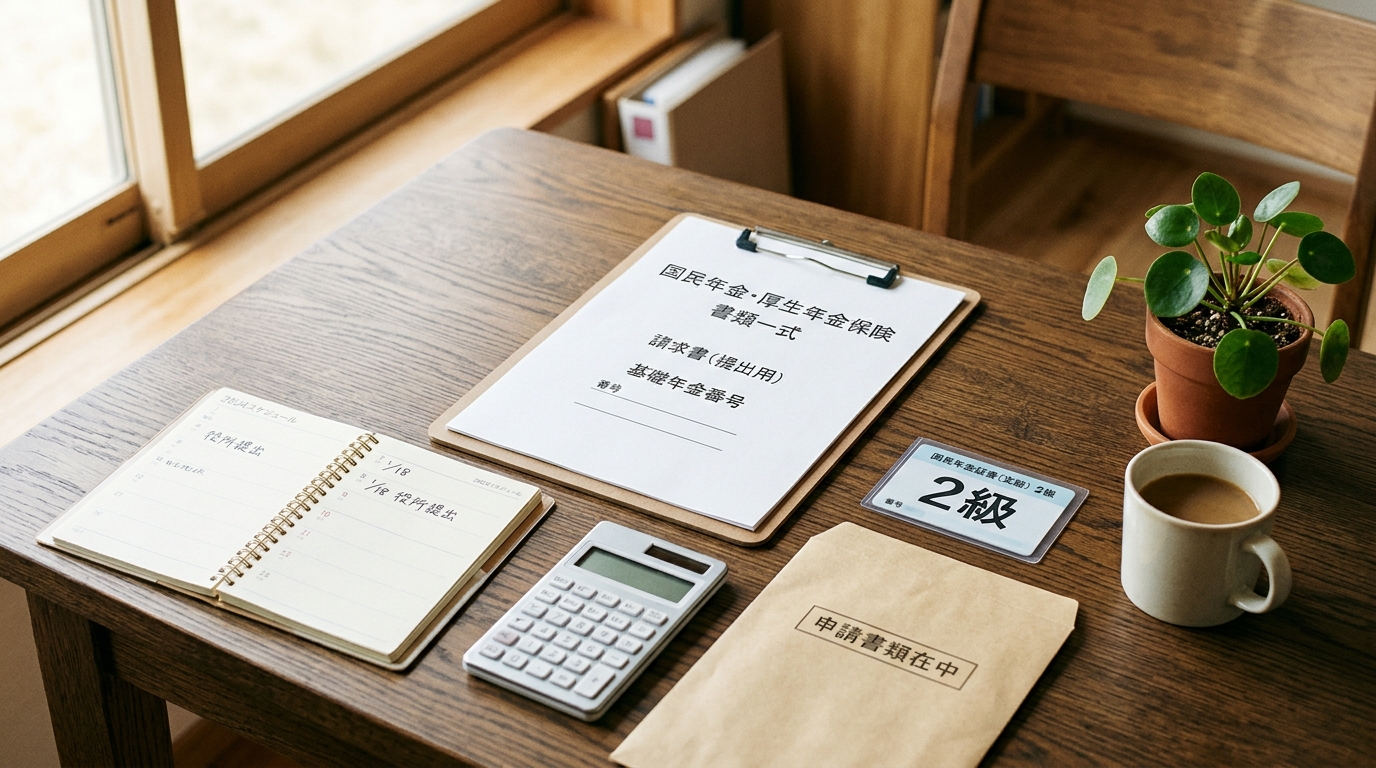 年金関係の書類と電卓、等級を示すカードを木目のデスクに並べた写真