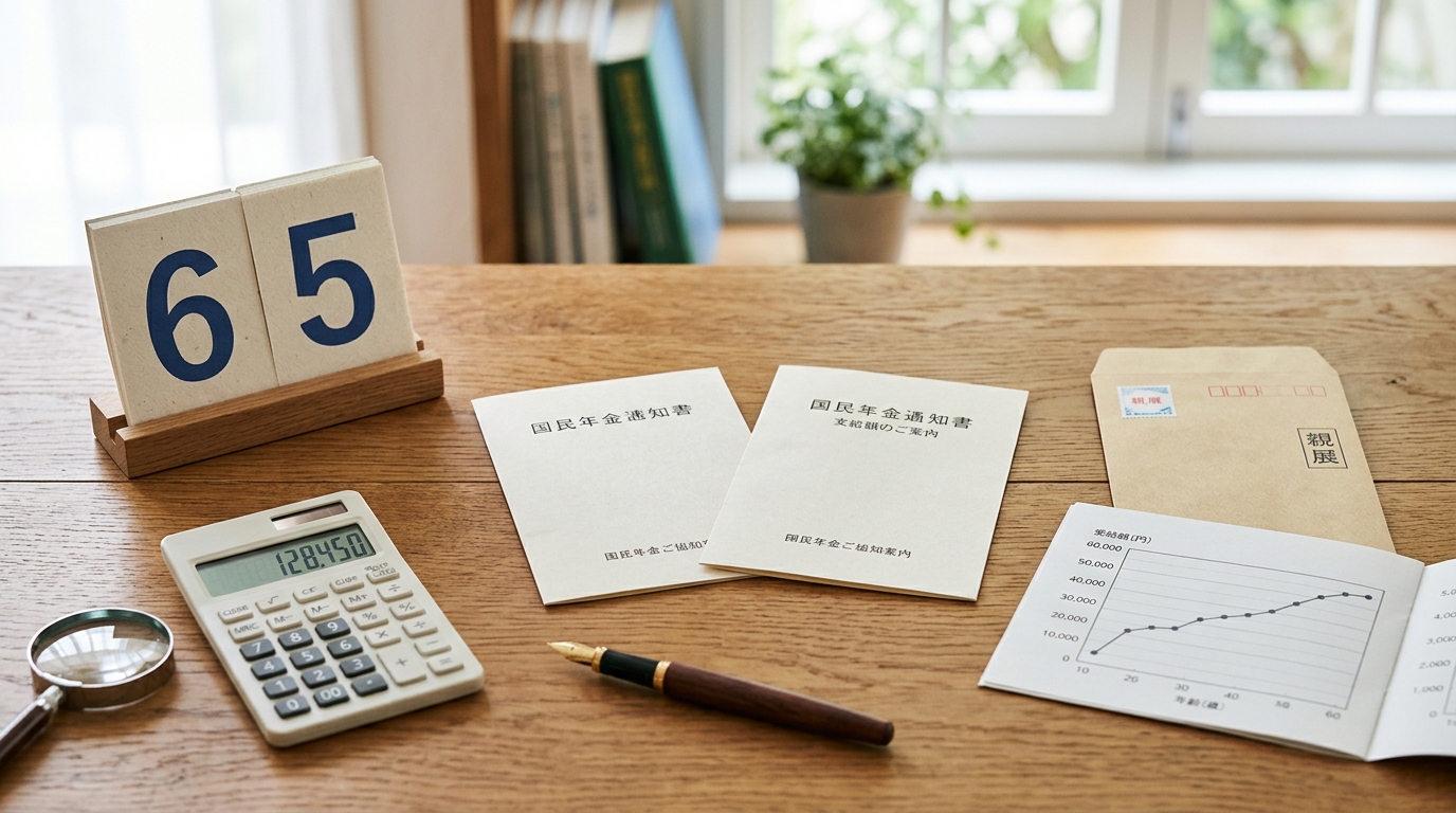 65歳を境に2種類の年金通知書を見比べるイメージ