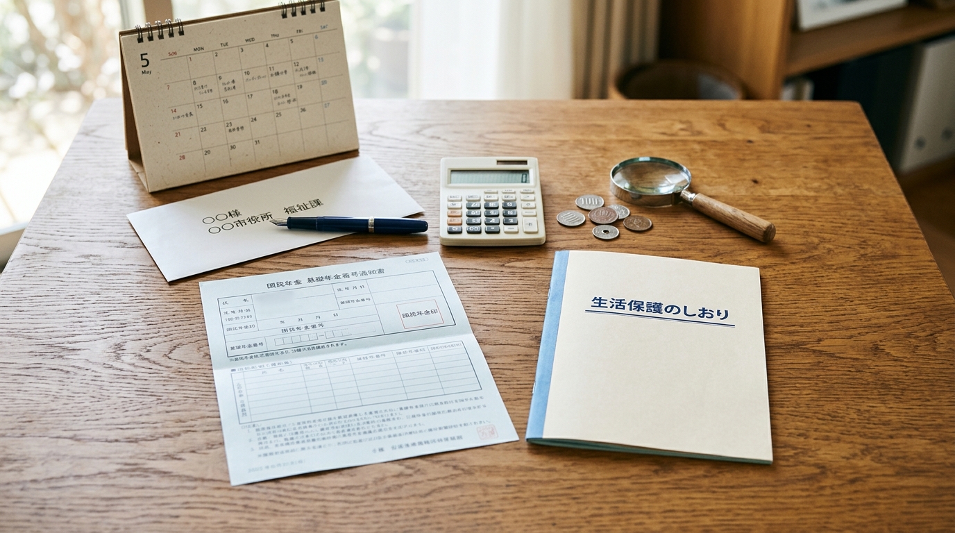年金証書と生活保護のしおりを並べた木目デスクのイラスト