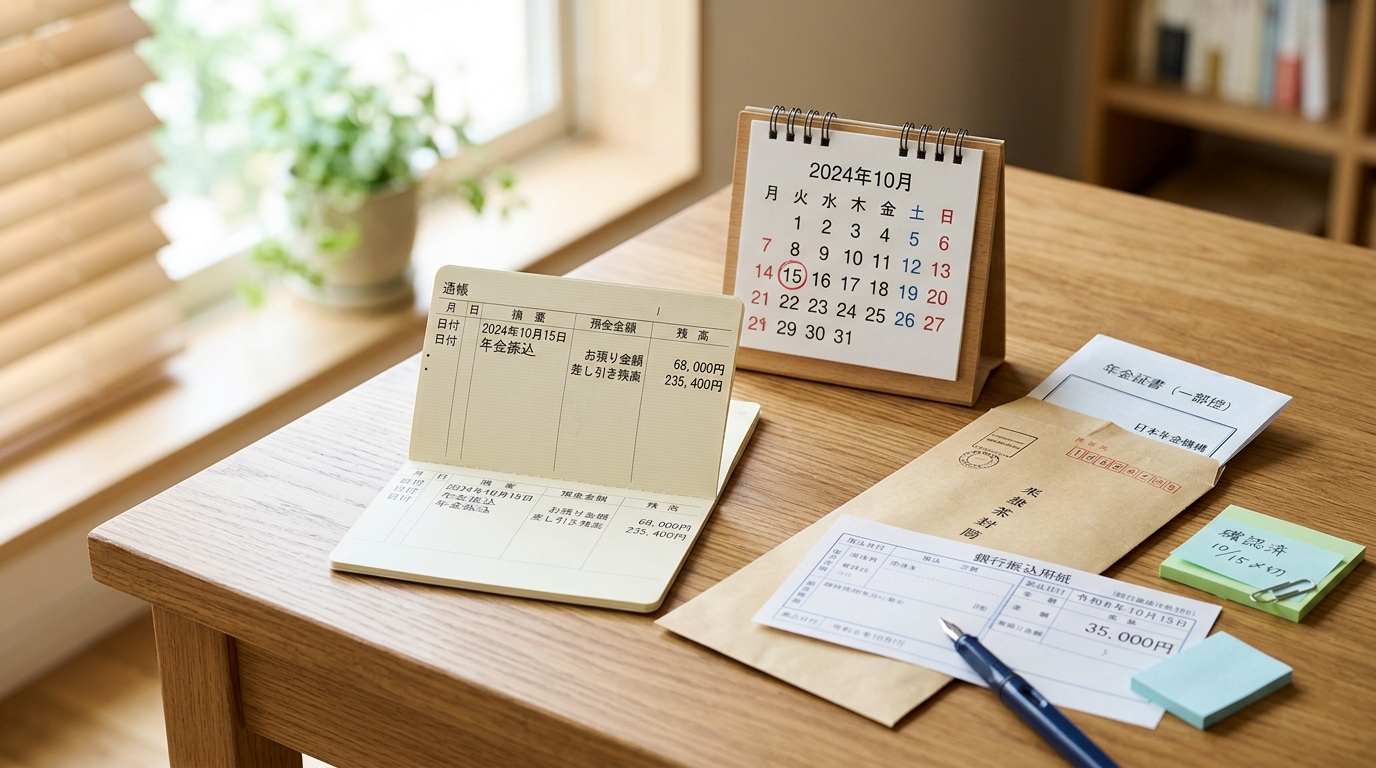 通帳とカレンダーで障害年金の支給日を示すイラスト