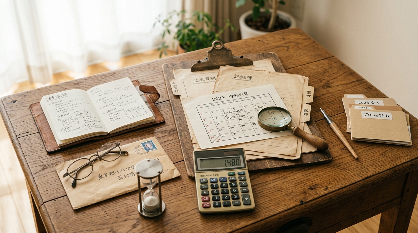 障害年金の遡及請求をイメージした、古いカレンダーと書類、砂時計のイラスト