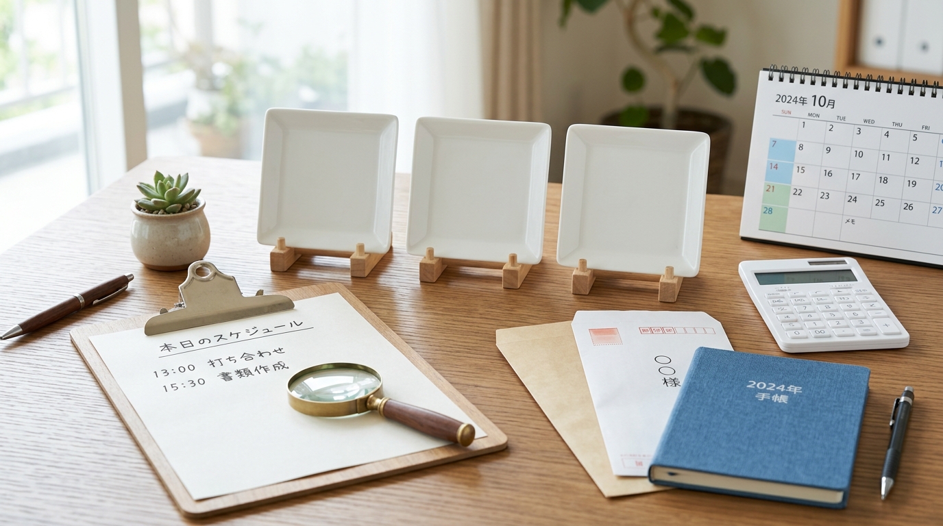 障害者に関係するマークをイメージした無地のプレートと書類・電卓のイラスト